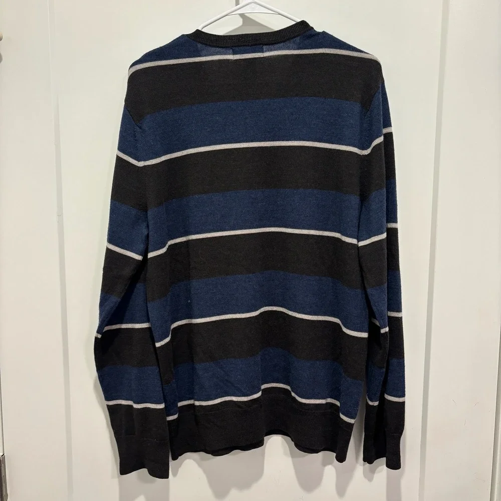 Banana Republic Mens Merino Wool V-Neck Striped Sweater‎ Navy Blue Black L